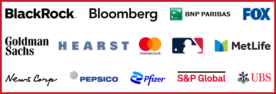 blackrock bloomberg bnp paribas fox goldman sachs hearst mastercard major league baseball metlife newscorp pepsico pfizer s&p global ubs